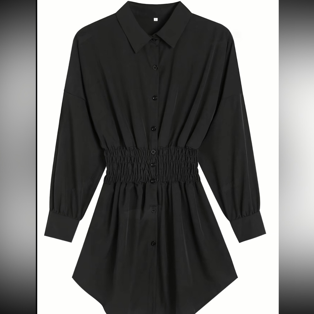Black Button-Up Dress with Cinched Waist